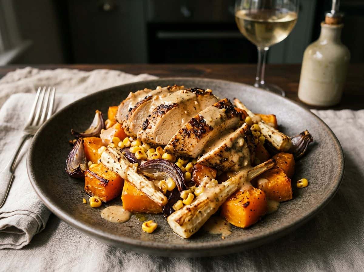 Würziges Hähnchen mit karibischer Kokossauce und Ofengemüse
