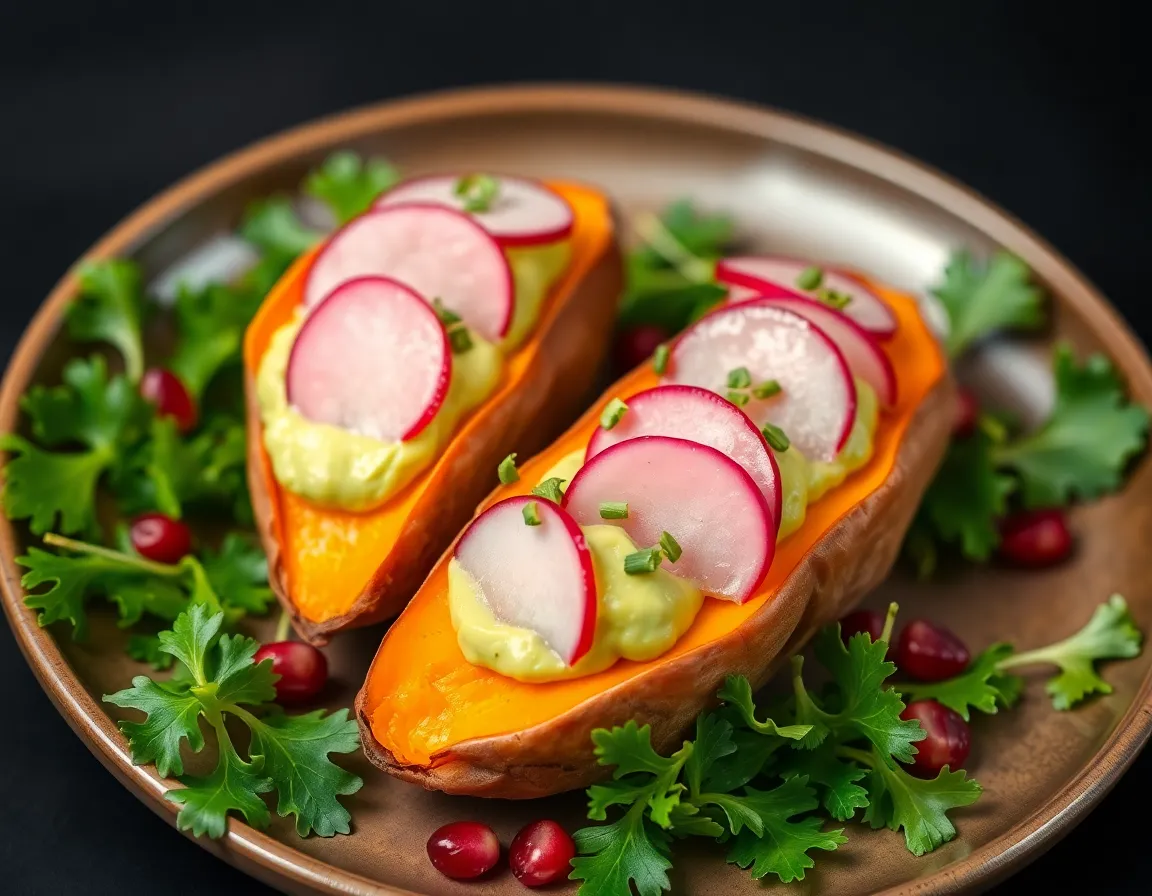 Gefüllte Süßkartoffel-Boote mit Avocado und Radieschen