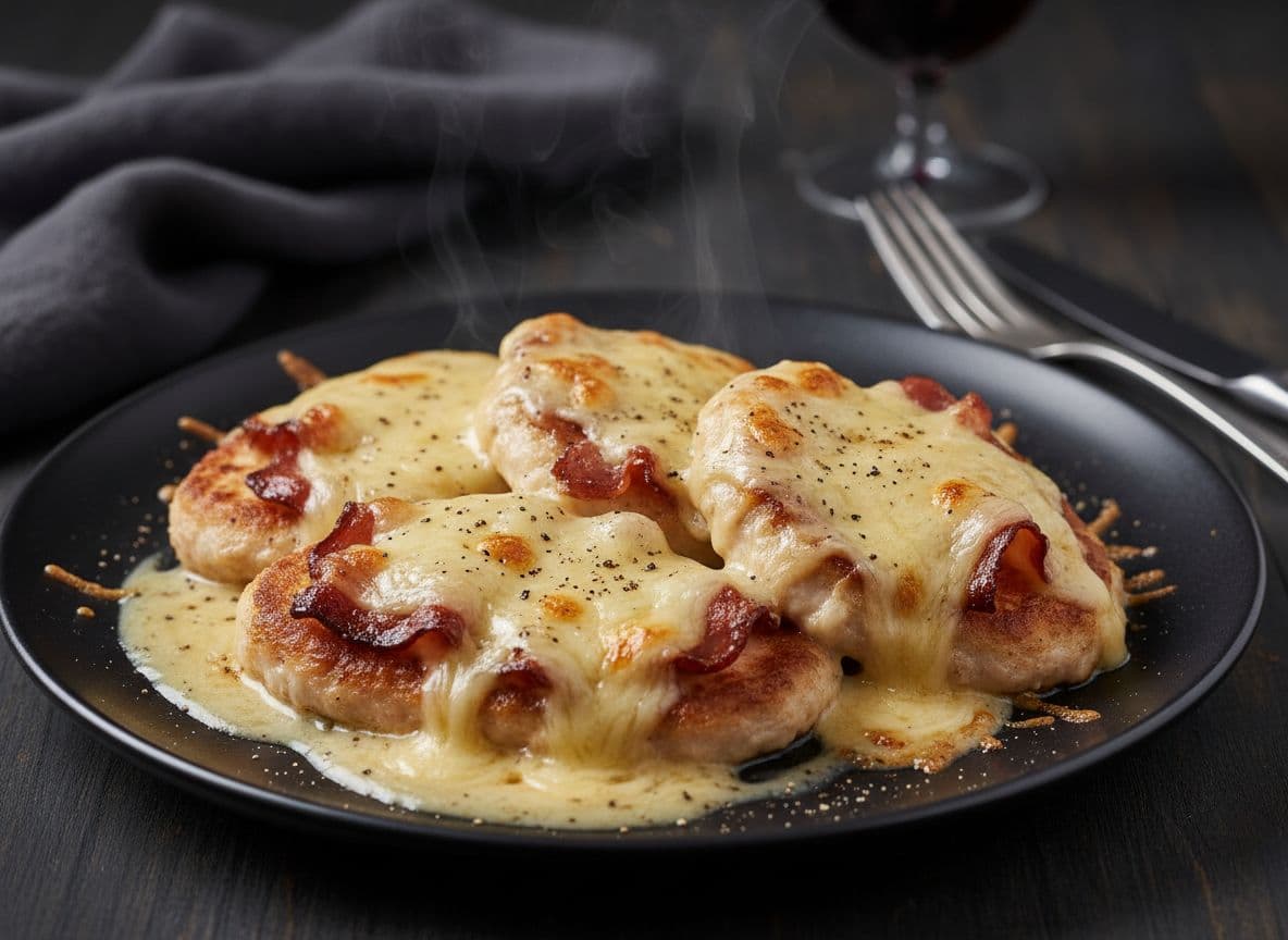 Puten-Schnitzel aus dem Ofen mit Pancetta und Emmentaler