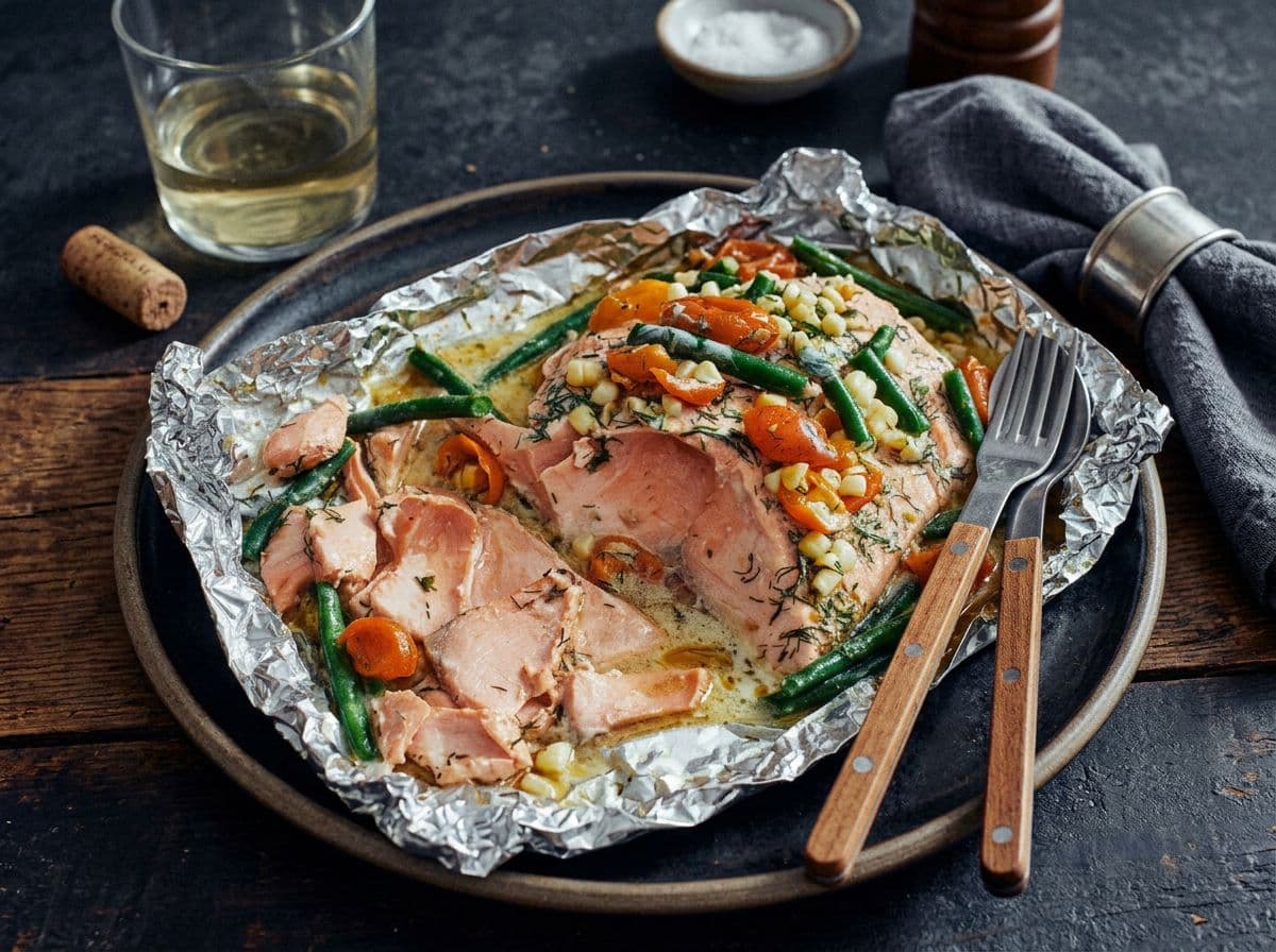 Gegrillter Lachs mit Kokos-Dill-Dressing und Gemüse