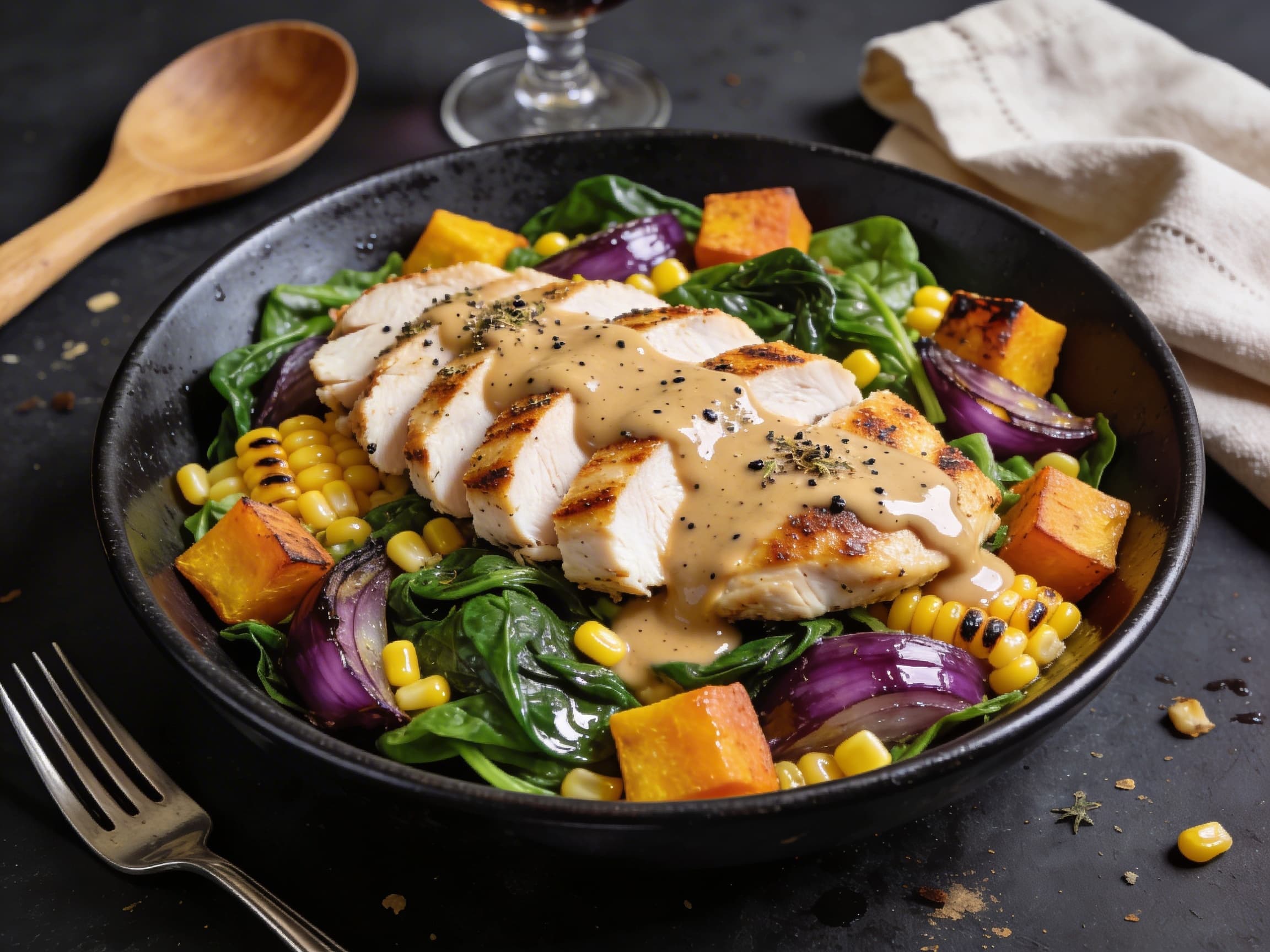 Würziges Hähnchen mit karibischer Kokossauce und Ofengemüse