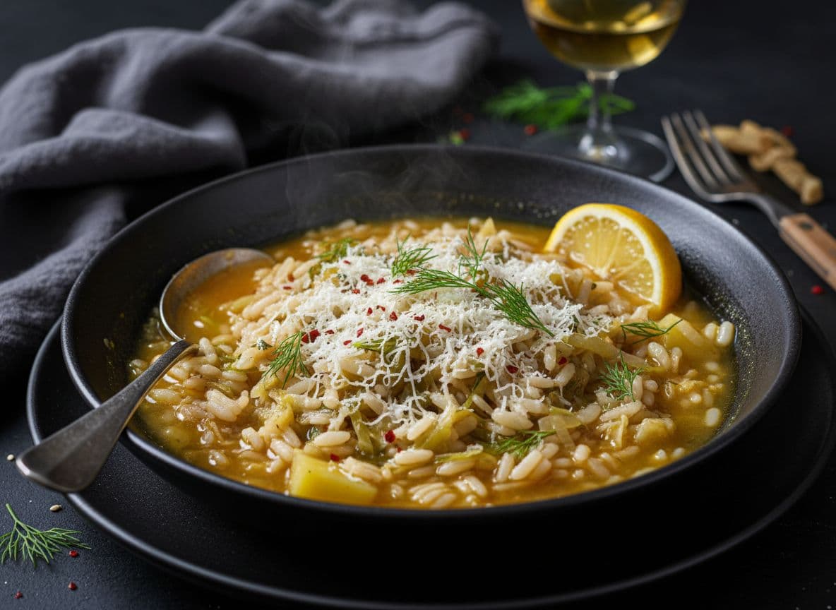Kohl-Lauch-Reissuppe mit Zitrone und Parmesan