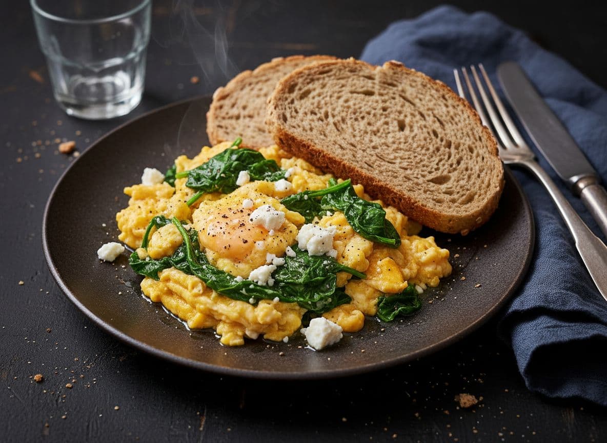 Rührei mit Spinat und Vollkornbrot