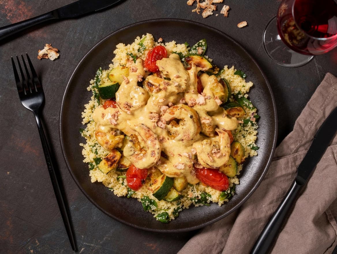 Curry-Garnelen mit Couscous, Zucchini und Tomaten