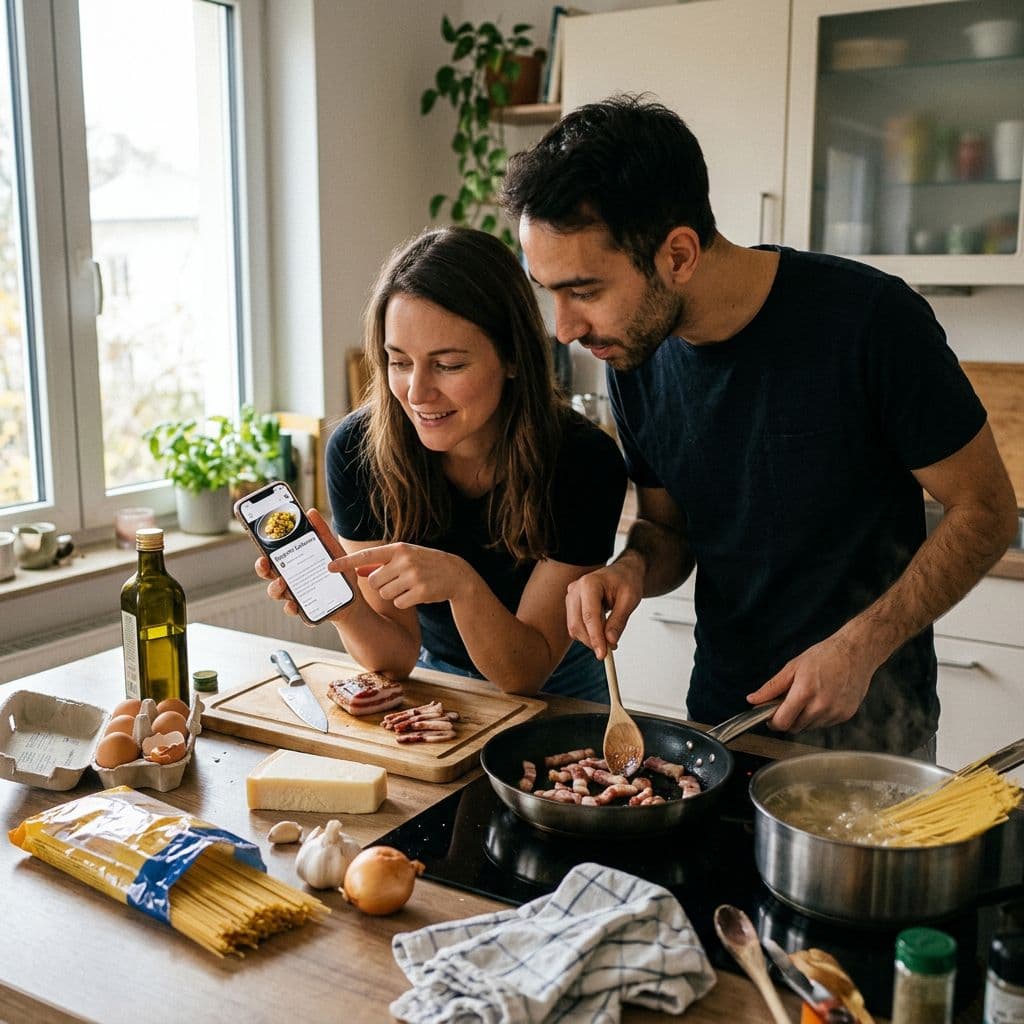 Paar kocht gemeinsam und schaut aufs Handy