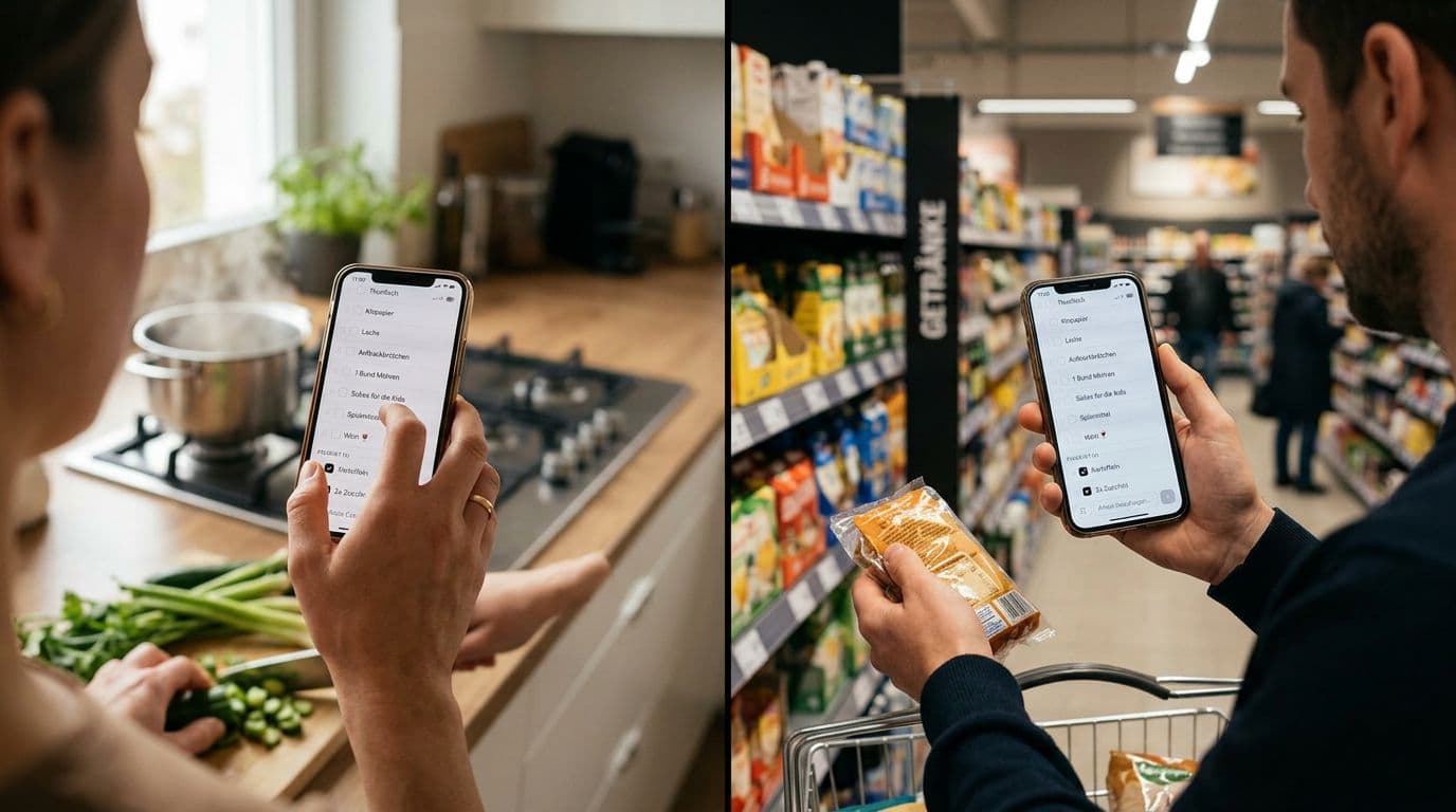 Zuhause kommen Einträge auf die Liste, während im Supermarkt dieselbe Liste abgehakt wird