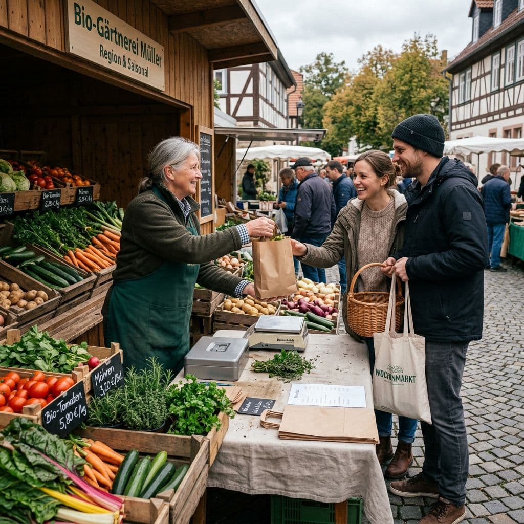 Paar kauft frisches Gemüse an einem Wochenmarktstand