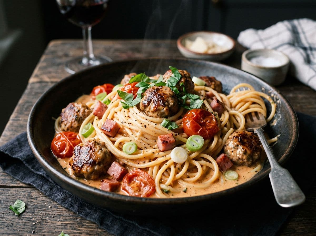 Pasta mit Hackklößchen in Tomatensahne