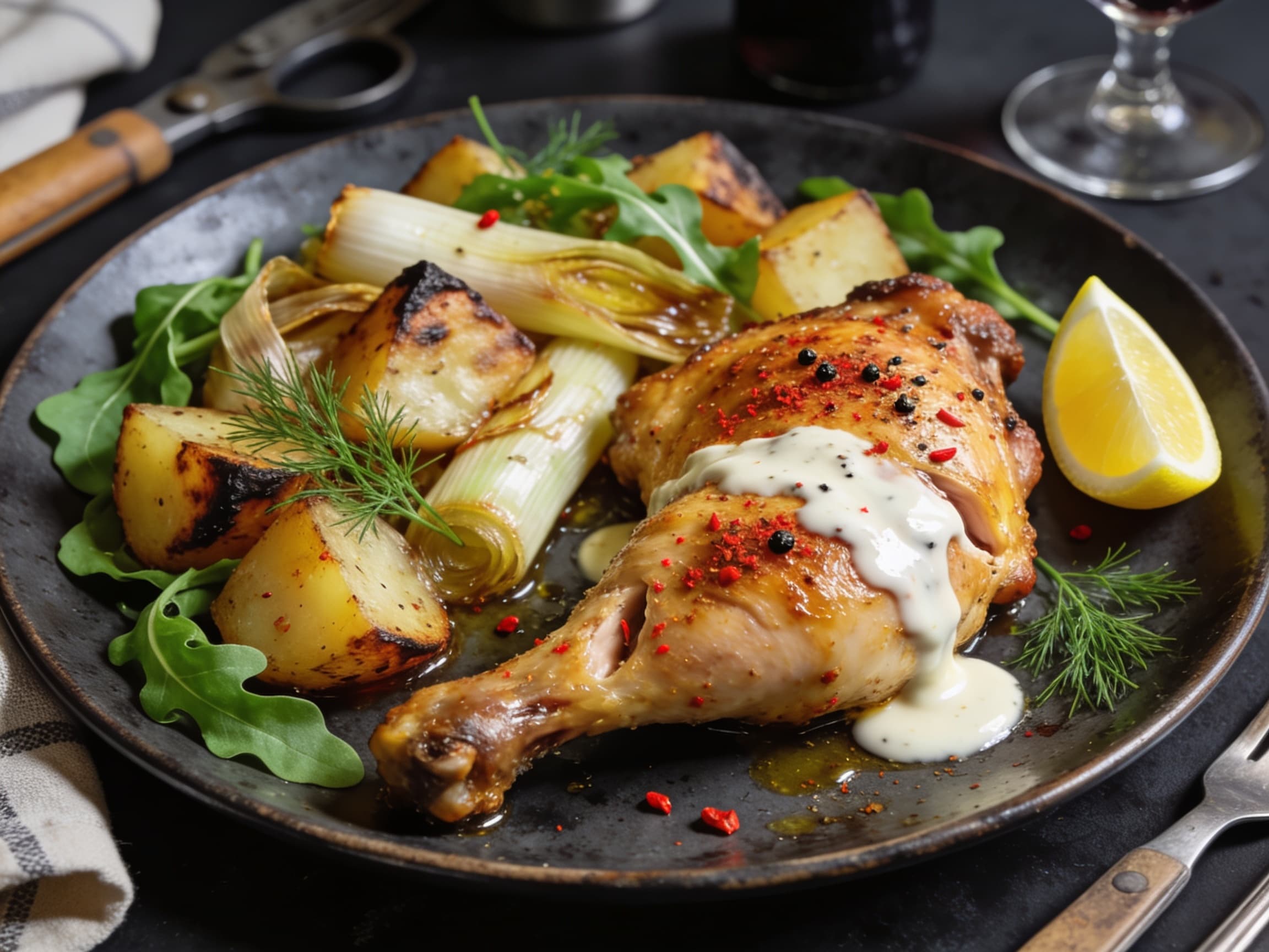 Ofenblech-Hähnchen mit Kartoffeln, Lauch und Joghurt
