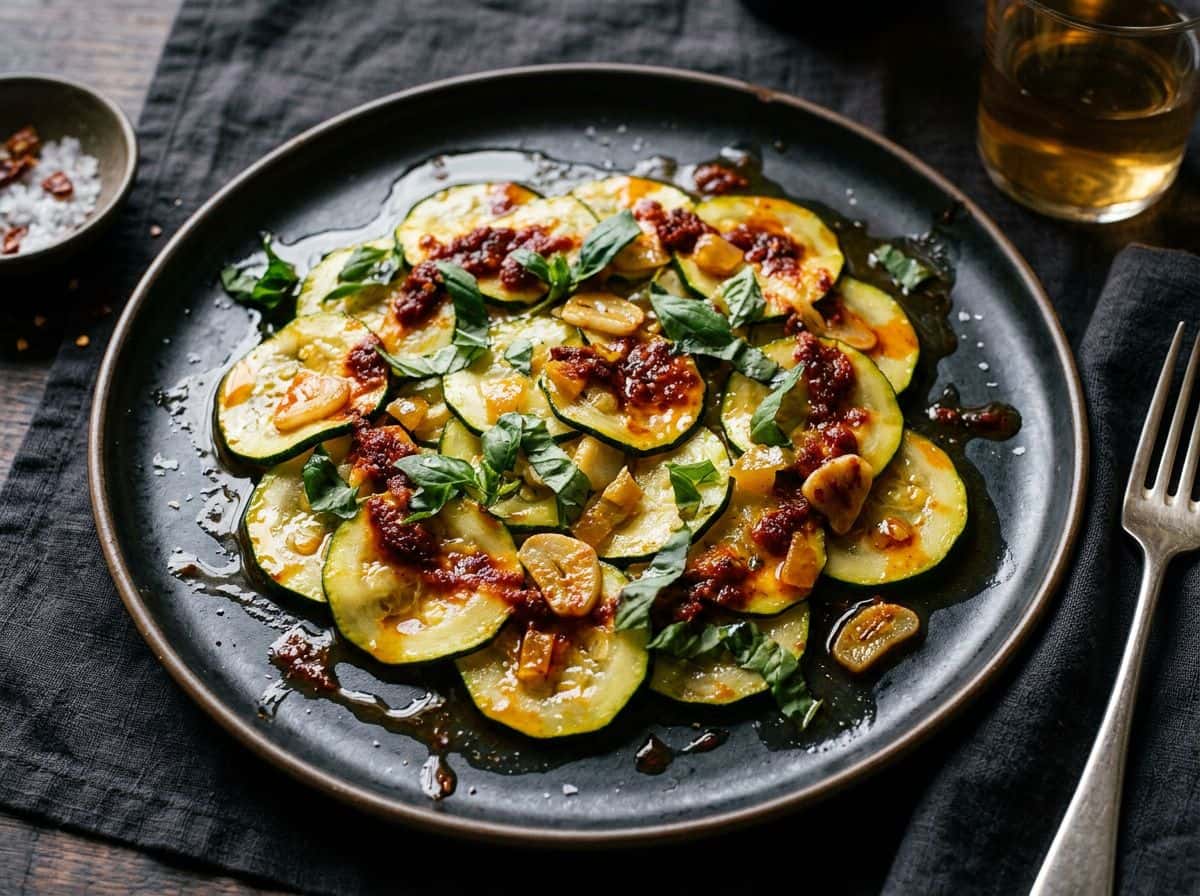 Zucchini mit Harissa, eingelegter Zitrone und Basilikum