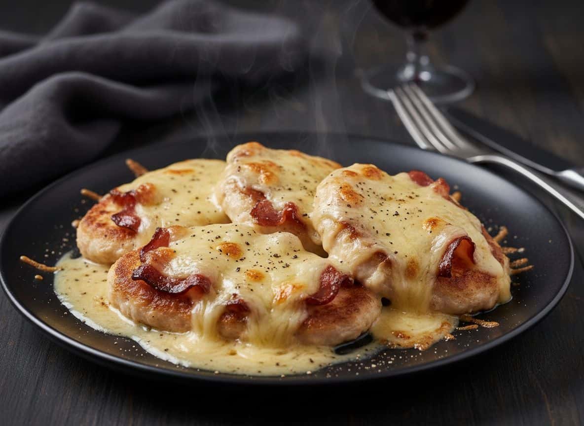 Puten-Schnitzel aus dem Ofen mit Pancetta und Emmentaler