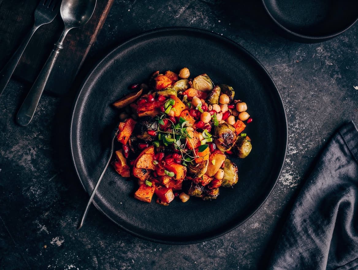 Warmer Rosenkohl-Kürbis-Salat mit Ahornsirup und Pekannüssen