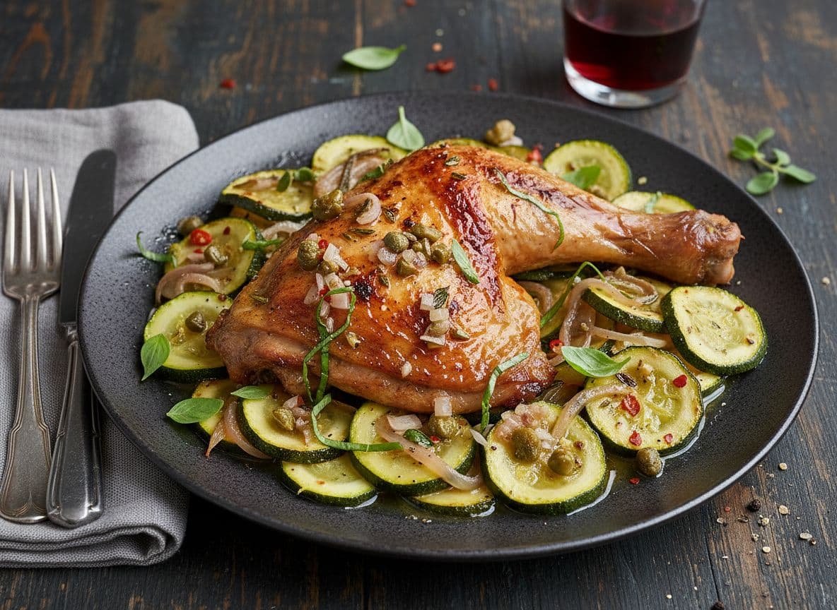 Ofen-Hähnchenschenkel mit Zucchini und Kräuter-Vinaigrette