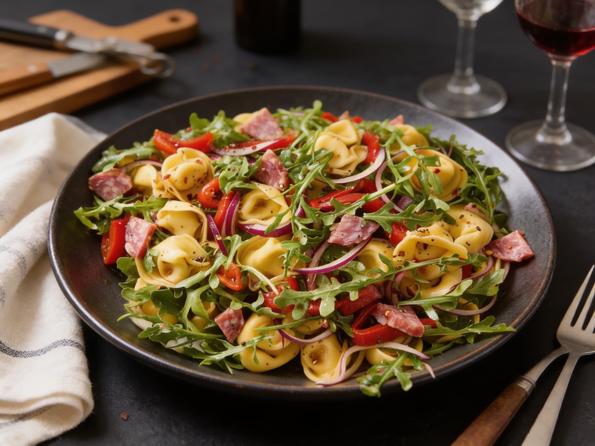Tortellini-Salat mit Salami, gerösteten Paprika und Rucola