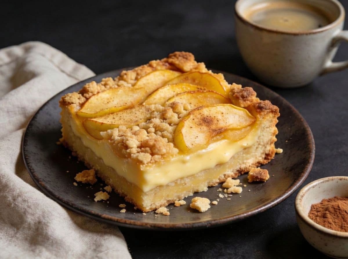 Apfelkuchen vom Blech mit Streuseln und Vanillepudding