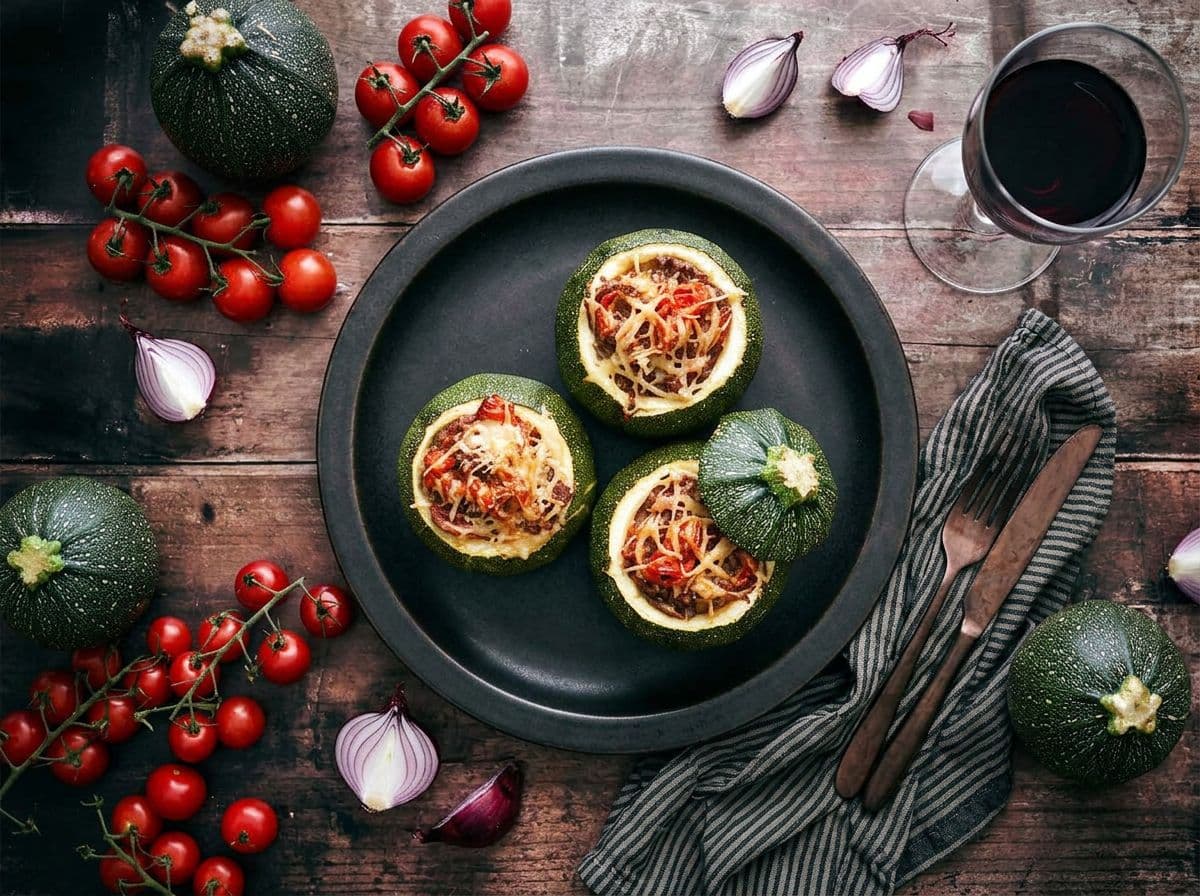 Gefüllte runde Zucchini mit Rinderhack und Gouda
