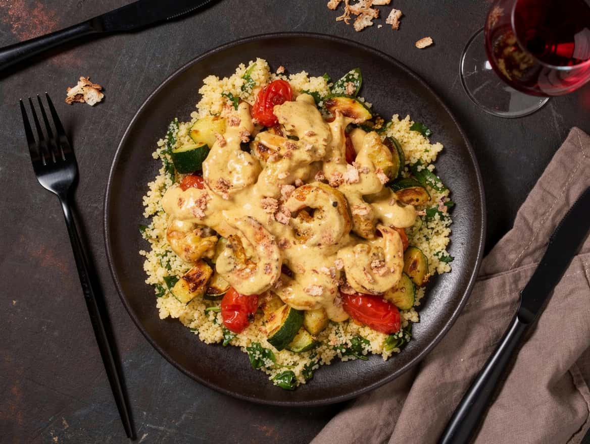Curry-Garnelen mit Couscous, Zucchini und Tomaten