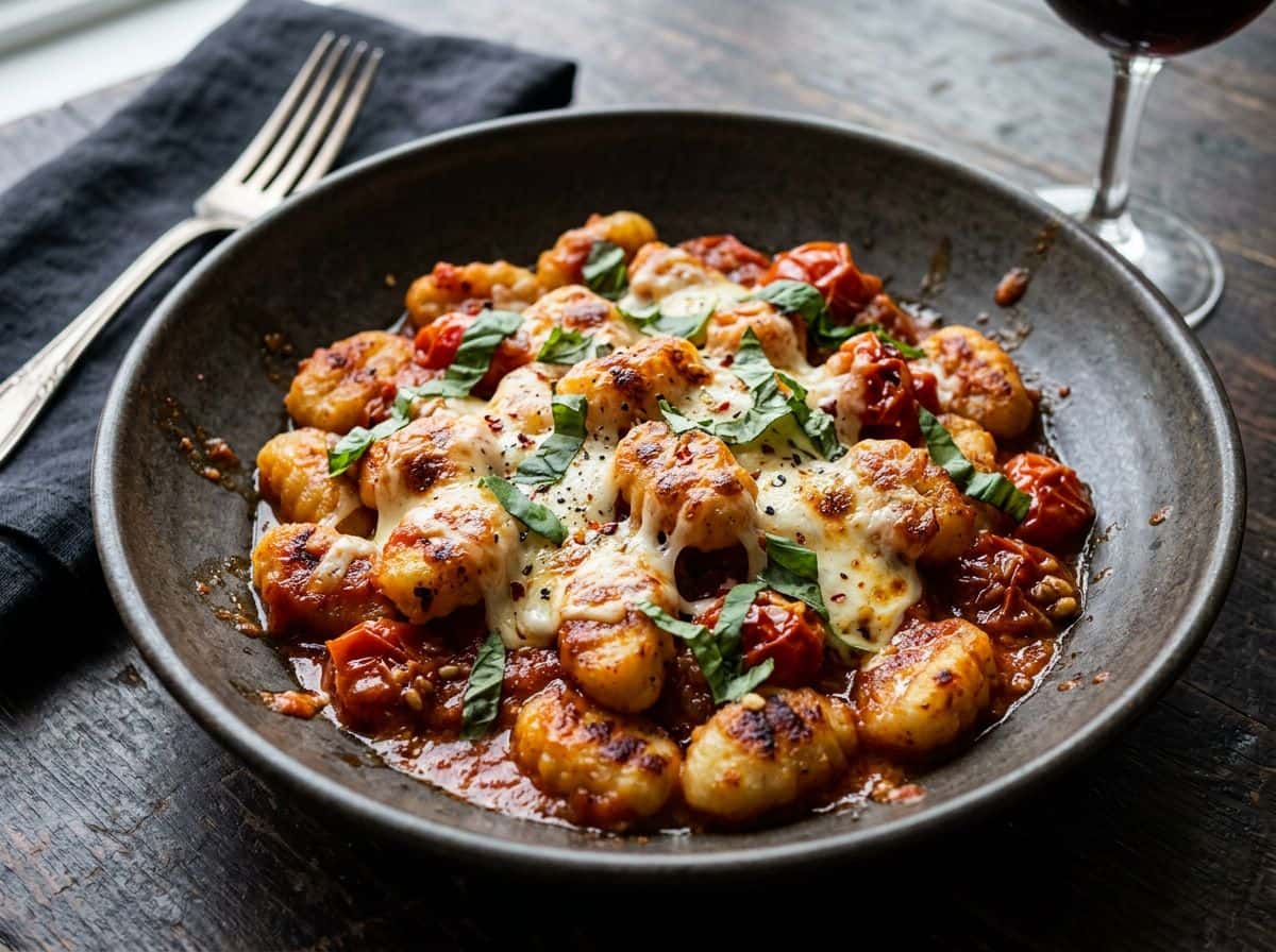 Knusprige Gnocchi mit geschmorten Tomaten und Mozzarella