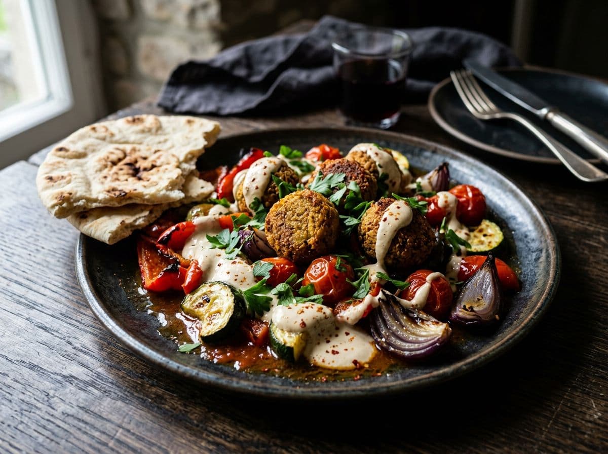 Falafel vom Blech mit Ofengemüse und Tahini-Joghurt