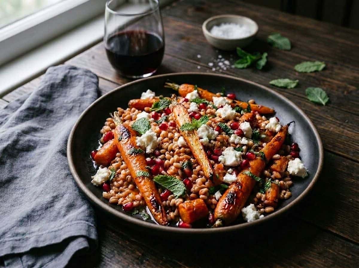 Gebratener Möhrensalat mit Feta, Granatapfel und Minze
