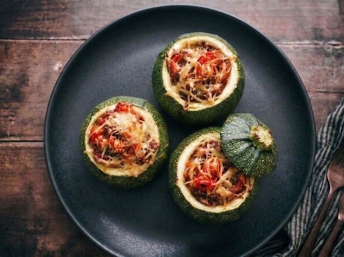 Gefüllte runde Zucchini mit Rinderhack und Gouda