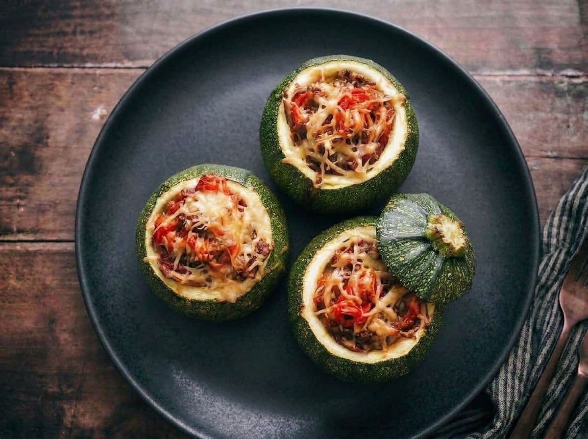 Gefüllte runde Zucchini mit Rinderhack und Gouda