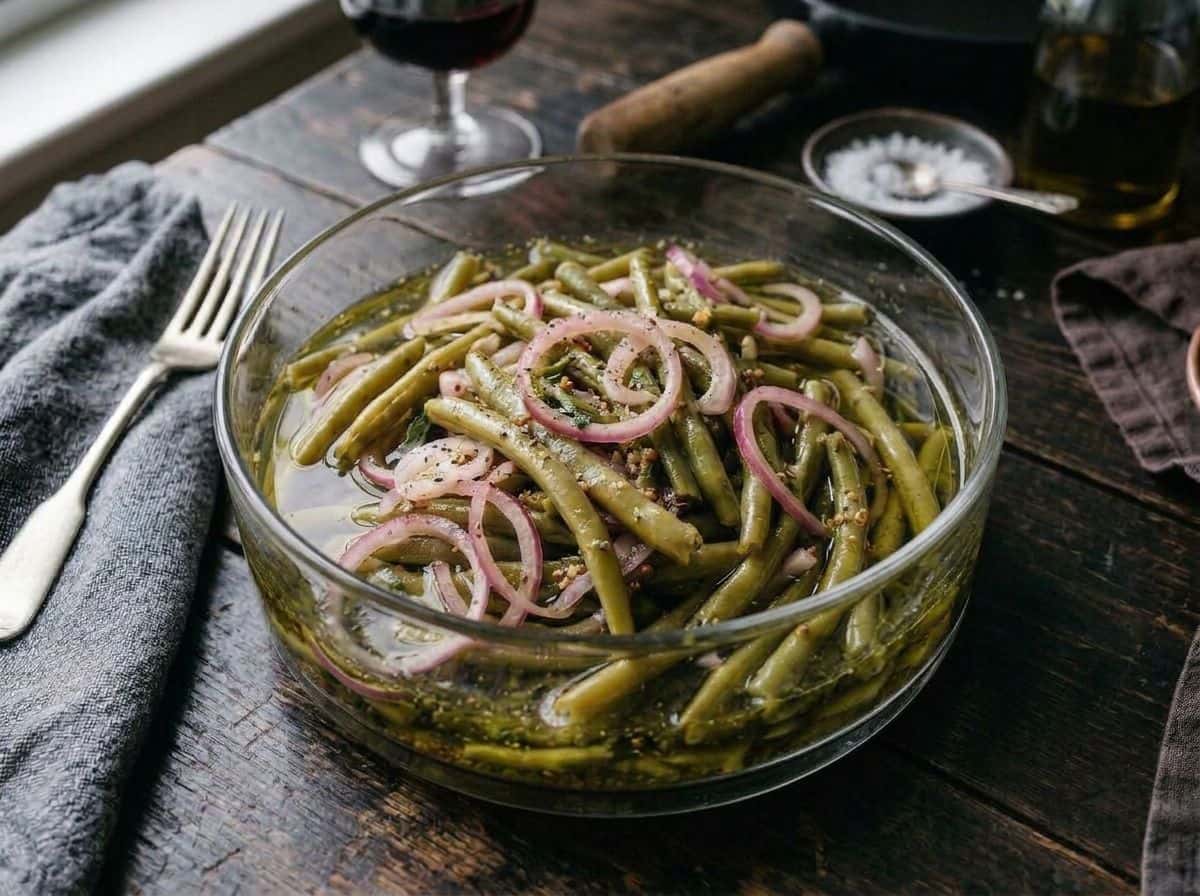Grüner Bohnensalat mit Zwiebeln und Essig-Öl