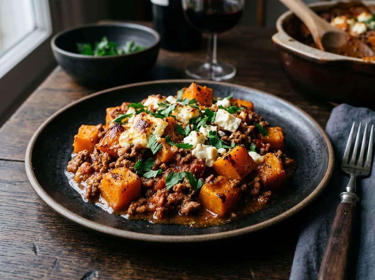 Hokkaido-Hackfleisch-Auflauf mit Feta