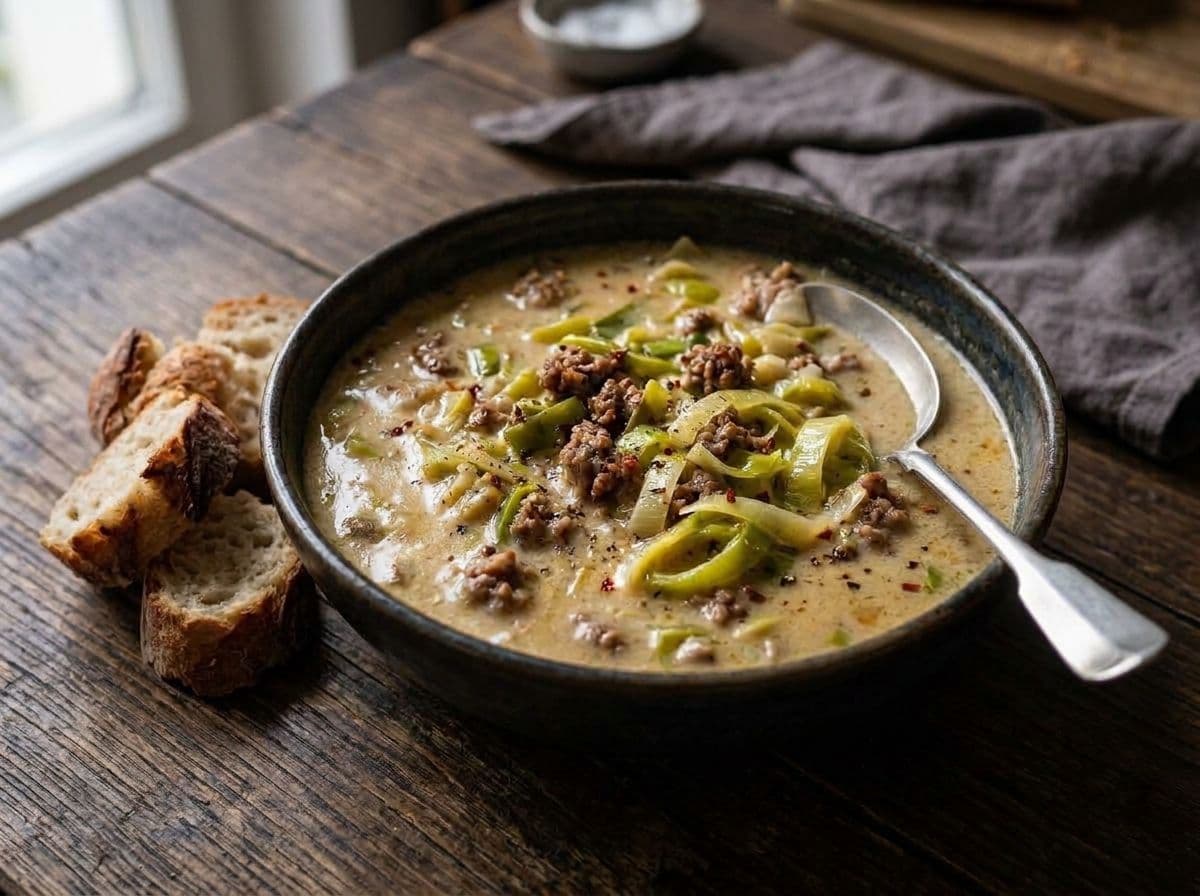 Käse-Lauch-Suppe mit Hackfleisch