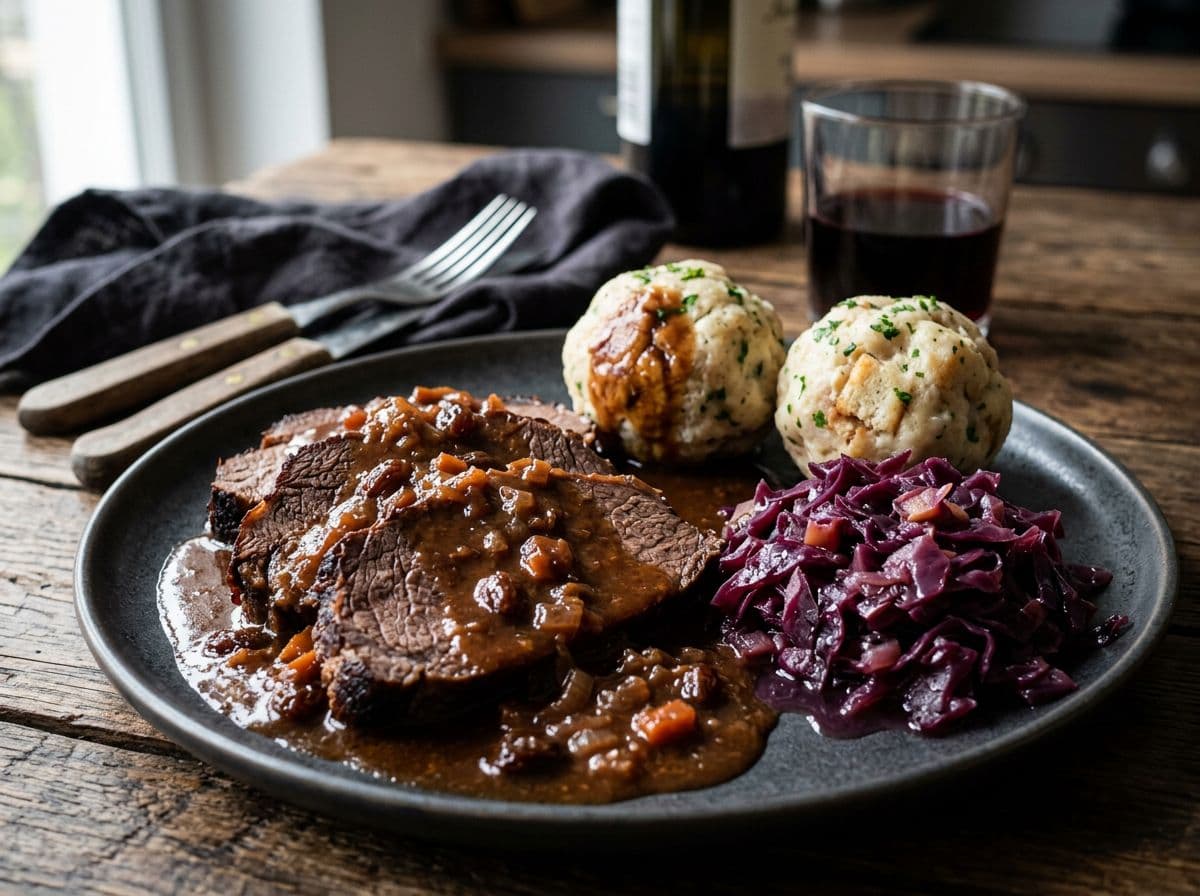 Sauerbraten mit Knödeln und Rotkohl