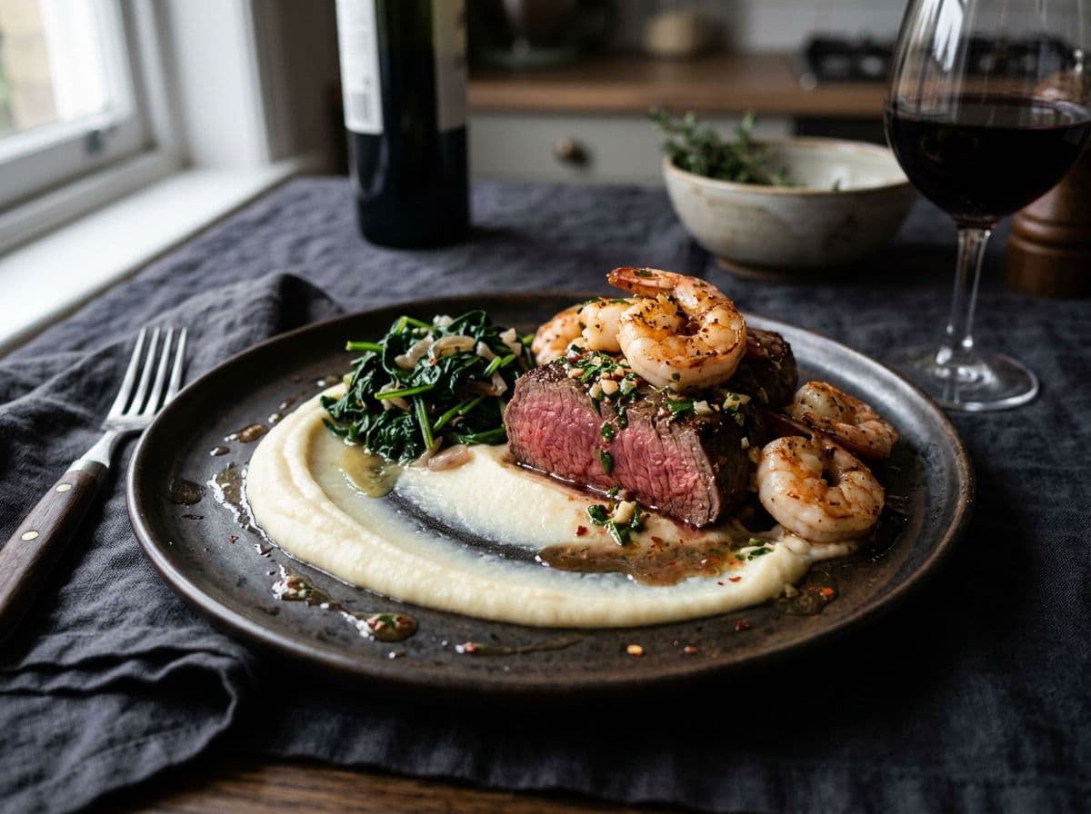 Surf and Turf mit Blattspinat und Selleriepüree